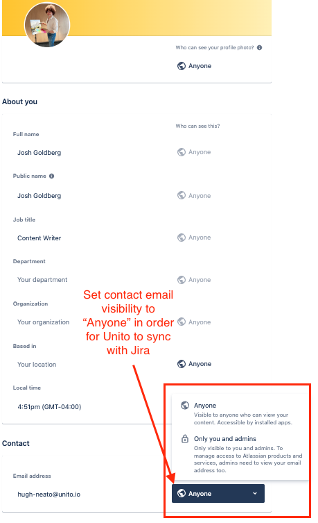 Setting Jira contact email visibility for Unito