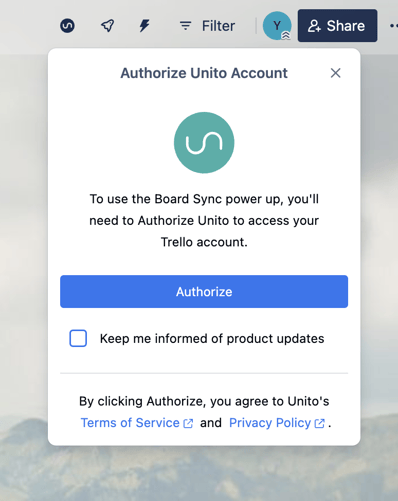 authorizing Unito in Trello