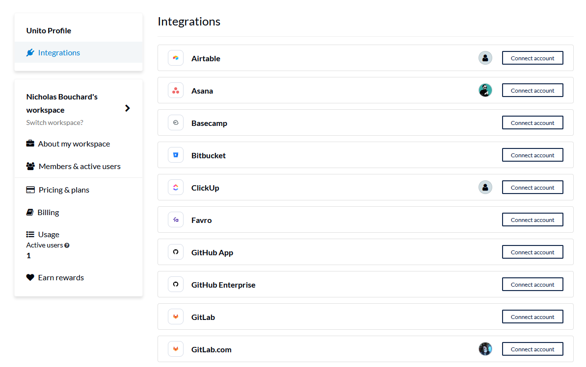 Unito's in-app integrations menu with tools to connect
