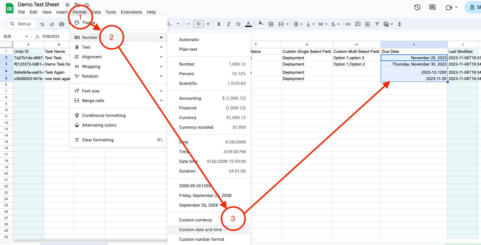 Screenshot of setting the date time format in Google Sheets for a Unito sync